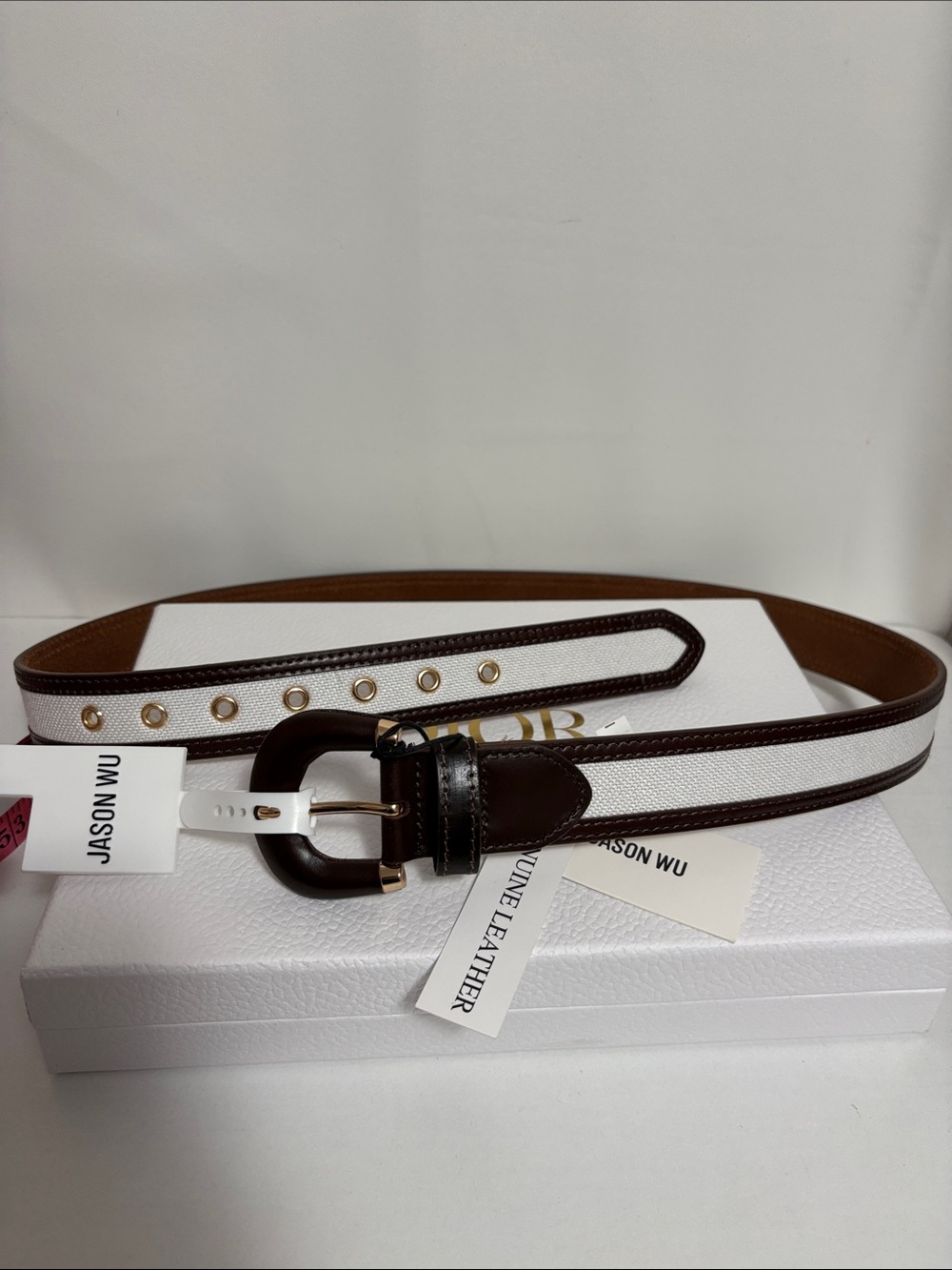 Jason Wu Women’s Brown Cognac & White Two-Tone Leather Belt with Gold Buckle New